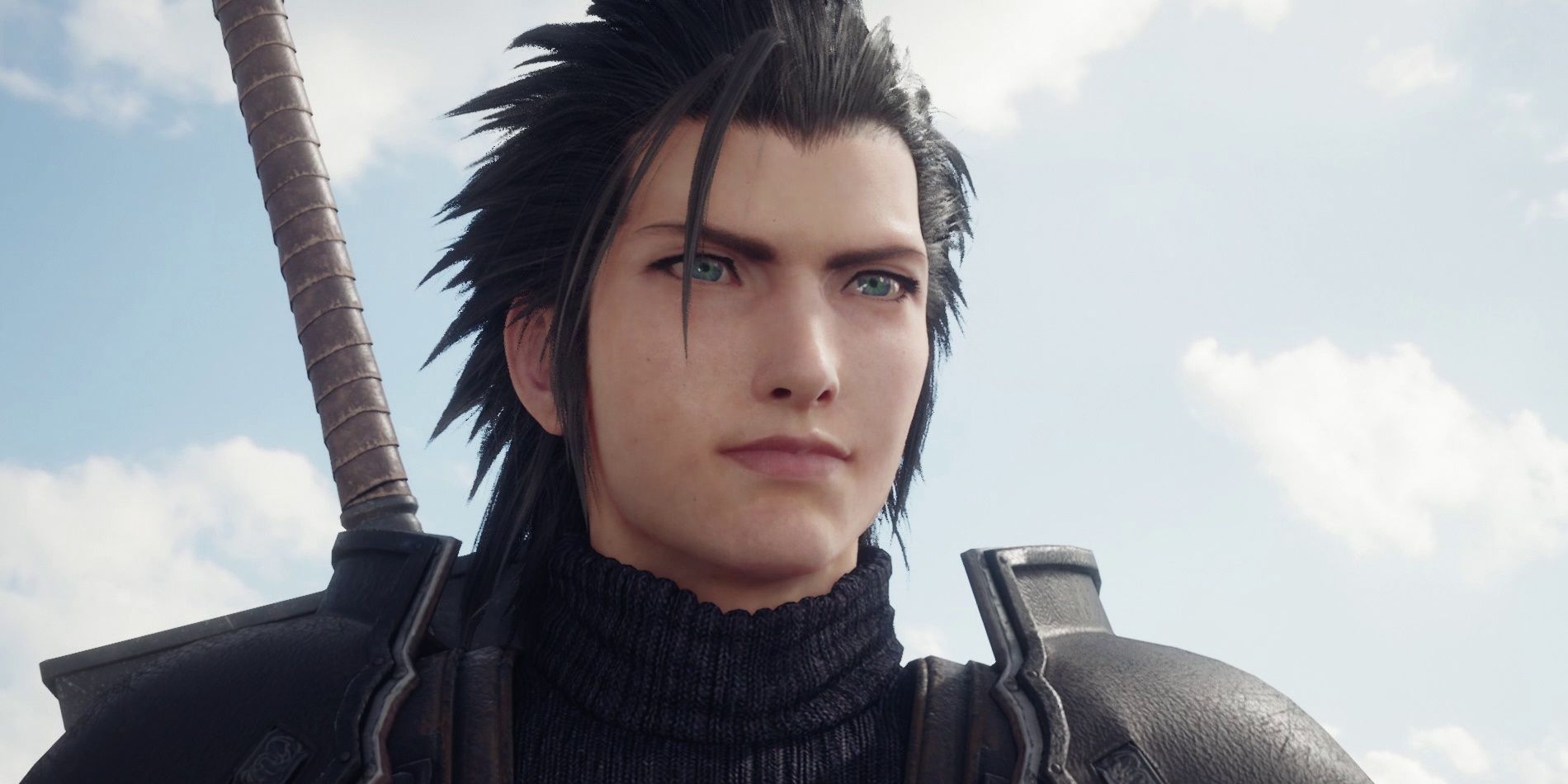 A close-up of Zack Fair from Final Fantasy VII Remake. He has spiky black hair and piercing blue eyes.
