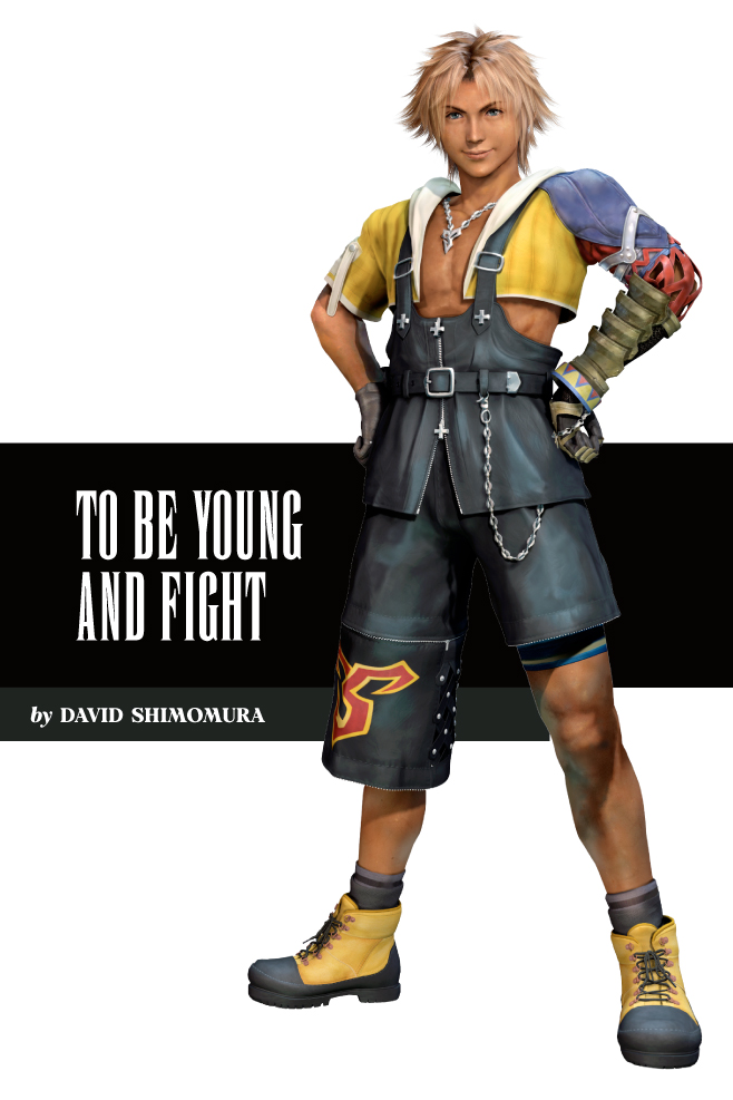 The title card for David Shimomura's "To Be Young and Fight" shows Final Fantasy X's Tidus standing in a hero's pose. His attire features a heavy emphasis on asymmetry and vibrant colors, primarily yellow and blue.