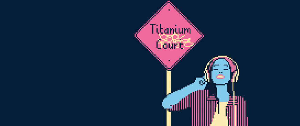 A blue-skinned person with a pink hat wears large headphones and a pink-and-black striped jacket. They are positioned to the right, eyes closed with a serene expression. In the center, a diamond-shaped pink street sign reads "Titanium Court" with a yellow scribbled graphic underneath the text.