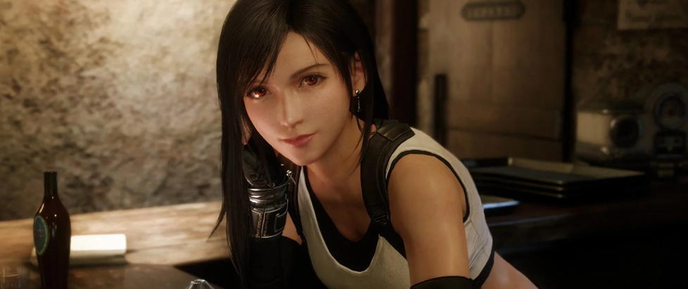 A close up of Tifa wearing her signature combat-ready attire – a white sleeveless crop top with black trim, a black sports bra underneath, and tactical suspenders.