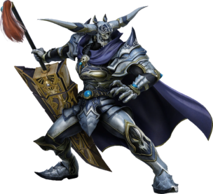 Another screenshot features the character Garland, the primary antagonist from the original Final Fantasy. He wields a massive, double-bladed broadsword that can split into two smaller blades.