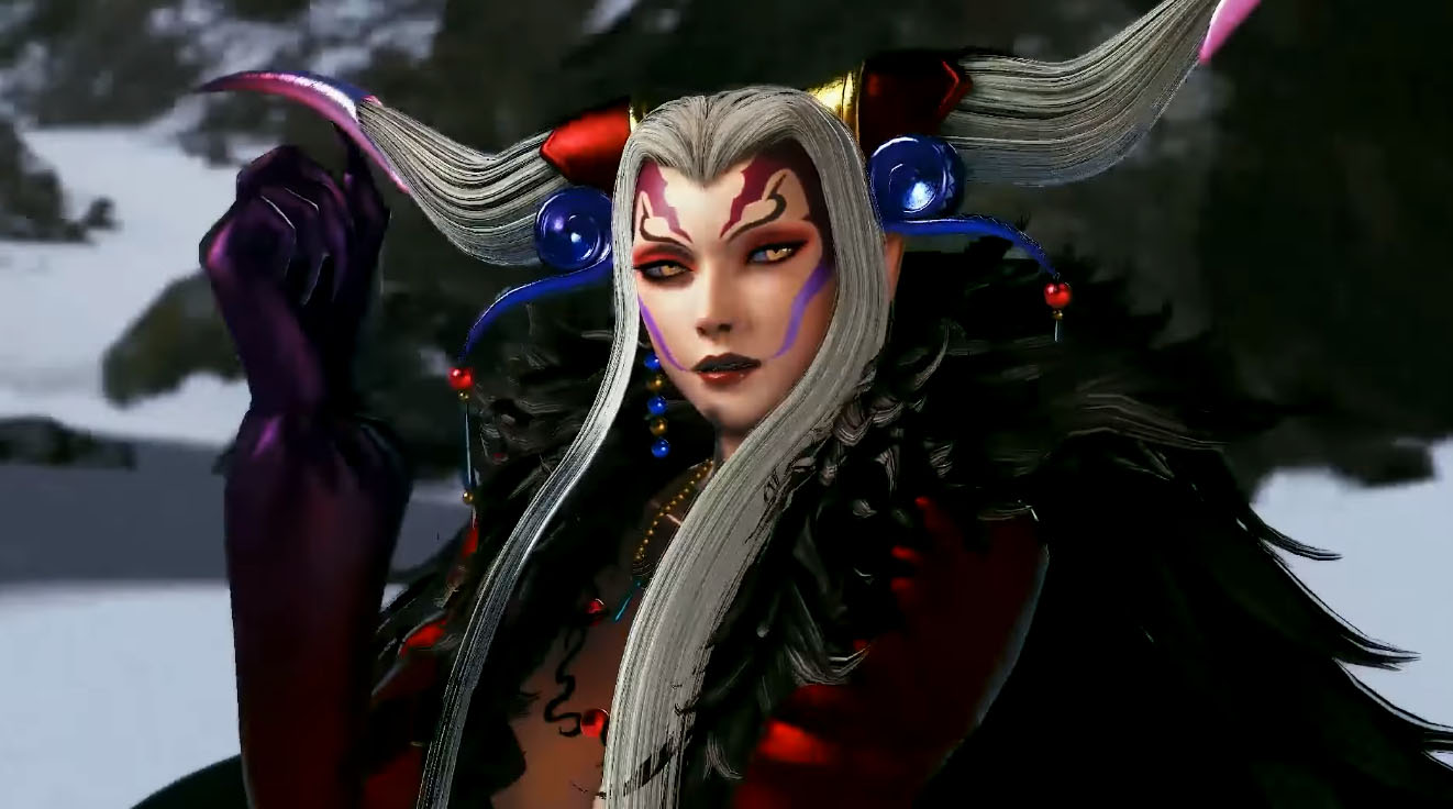 A screenshot of Ultimecia, the primary antagonist from the video game Final Fantasy VIII. She has long, silver-white hair styled into two prominent, upward-curving horns.