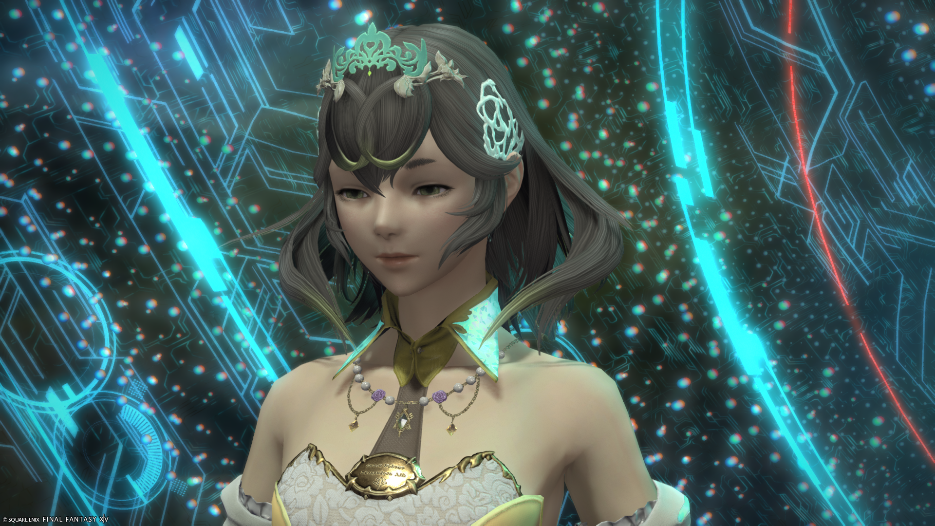 Quene Sphene is depicted as a young woman featuring medium-length gray hair that curls at the shoulders. She wears a white garment with gold trim and a serene expression on her face.