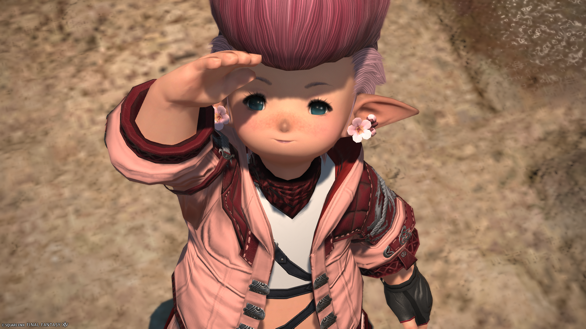 The author's FFXIV character, Bobot, who is three feet tall with a pink pompadour. She is shading her eyes from the sun and wearing a li'l smile.