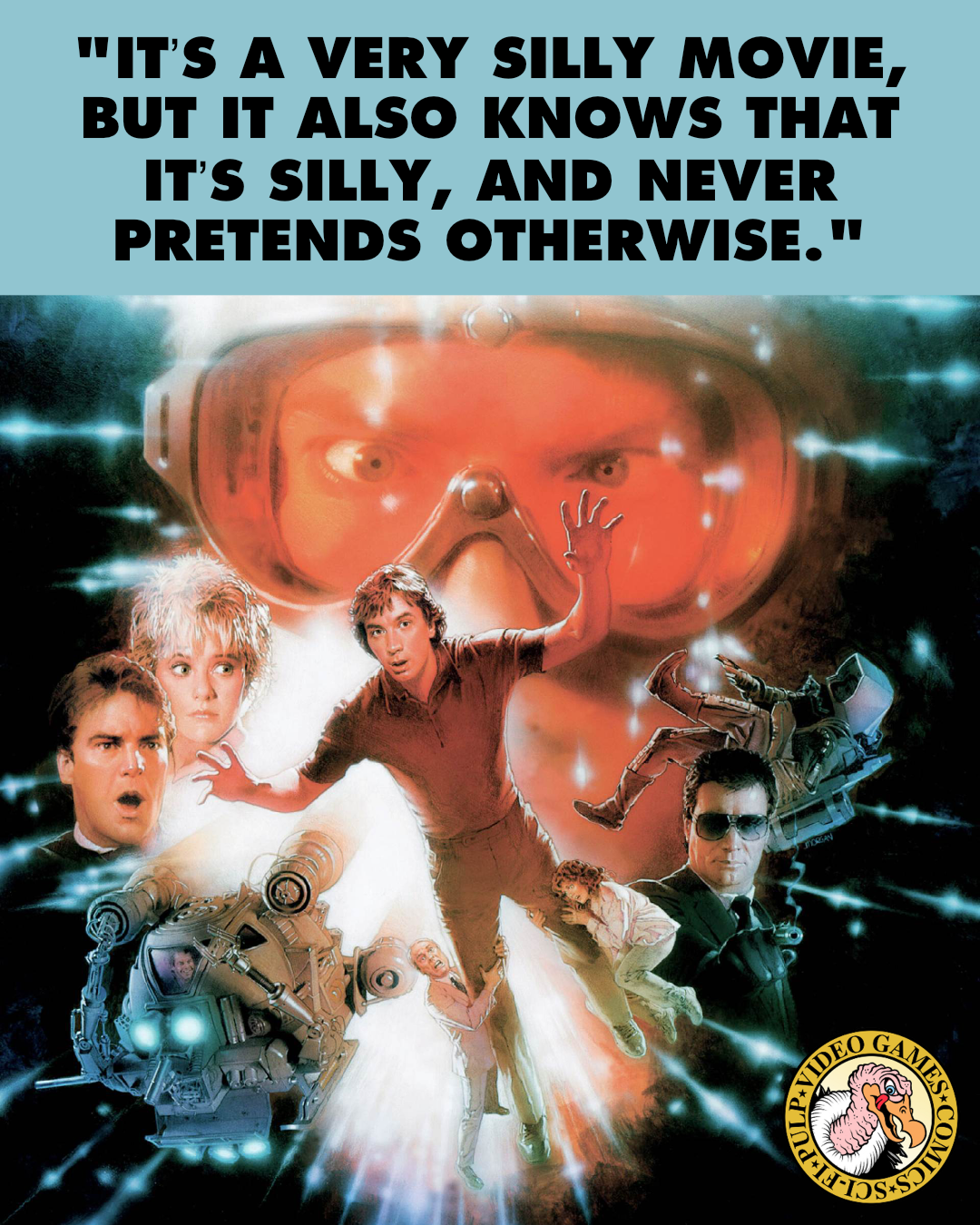 Detail from the cover art for Innerspace with Martin Short surrounded by all the other actors and lots of crazy lights. A quote above the image reads: "It’s a very silly movie, but it also knows that it’s silly, and never pretends otherwise."
