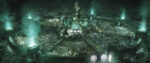 A screenshot of the city of Midgar from the video game Final Fantasy VII Remake. At the center sits the Shinra Electric Power Company headquarters, which towers over the rest of the urban landscape.