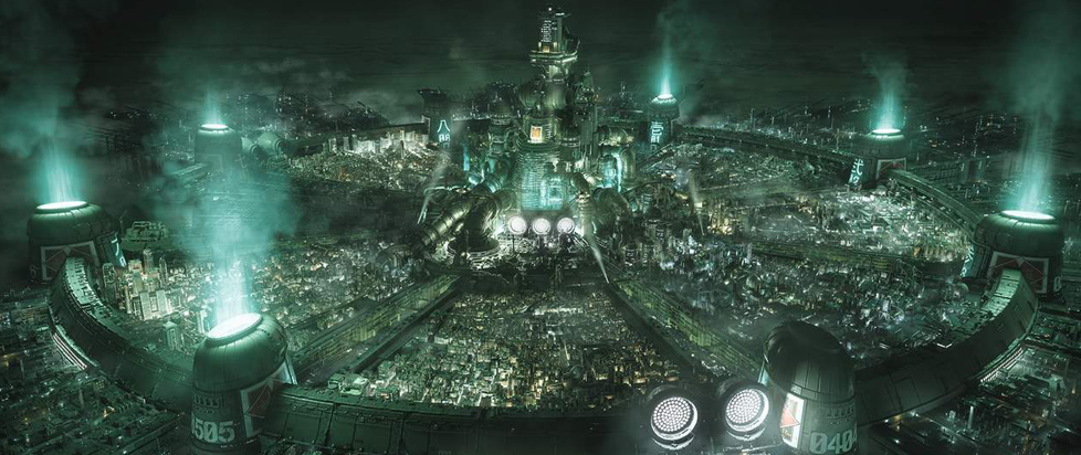A screenshot of the city of Midgar from the video game Final Fantasy VII Remake. At the center sits the Shinra Electric Power Company headquarters, which towers over the rest of the urban landscape.