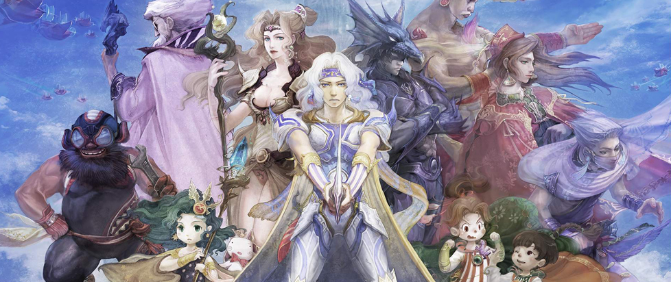 The protagonists of Final Fantasy IV are assembled clad in battle gear with weapons drawn in front of blue sky in this key art from Airi Yoshioka.