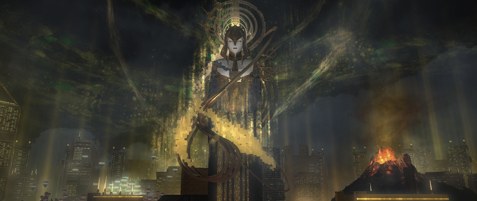 A screencap from Dawntrail features a massive, ethereal statue of Queen Sephene overlooking a dark fantasy cityscape.