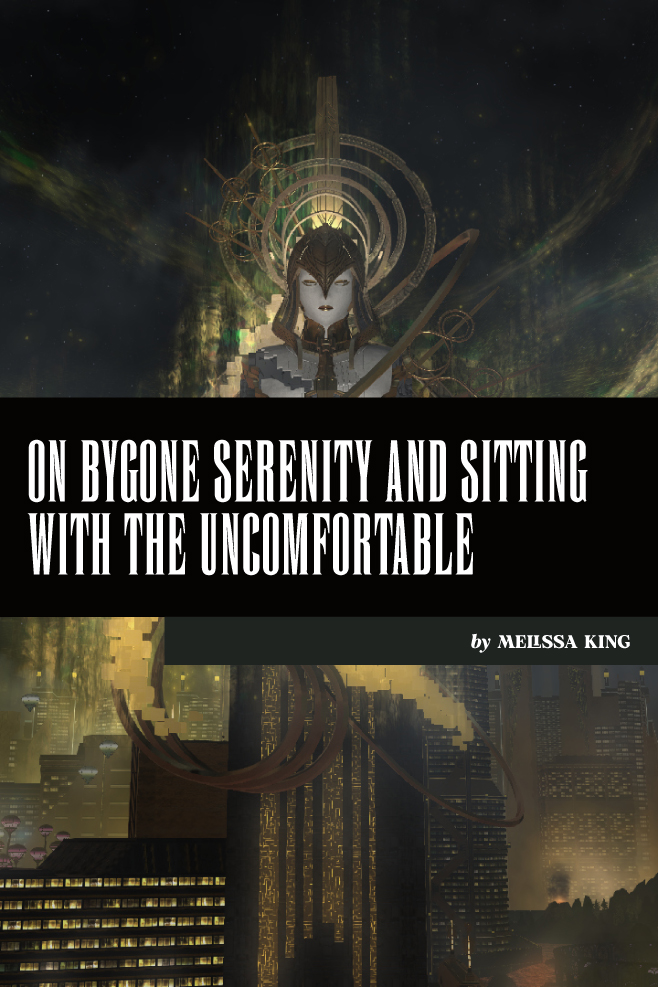 The title card for Melissa King's "On Bygone Serenity and Sitting with the Uncomfortable" shows Sphene, the Queen of Alexandria and a major character in the Final Fantasy XIV: Dawntrail expansion.