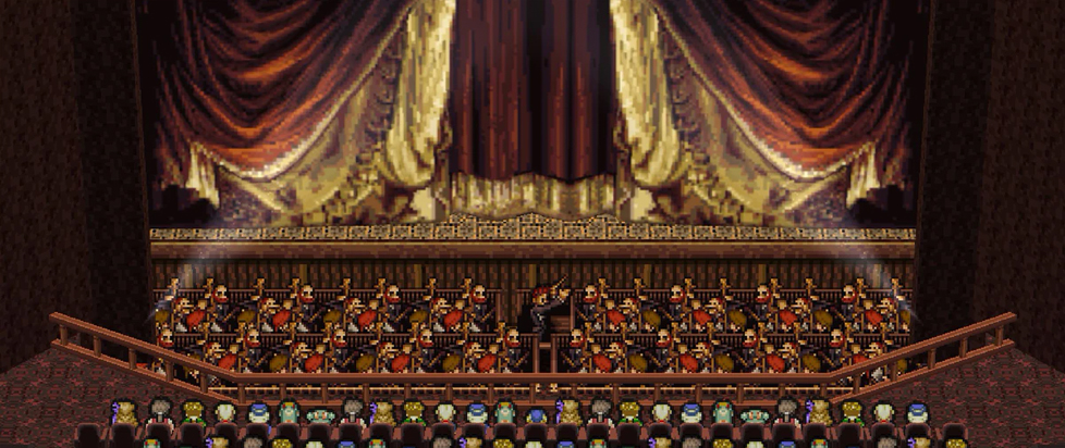 A screenshot from Final Fantasy VI shows large, ornate red and gold curtains hanging prominently above a multi-tiered orchestra pit. Two levels of musicians are seen playing instruments, led by a conductor positioned in the center.