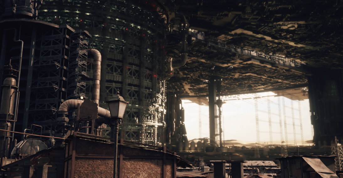 The Sector 7 Slums from FF7 – an industrial cityscape featuring a massive, dark circular structure on the left with intricate metallic scaffolding and pipes. To the right, a low-hanging, cluttered ceiling suggests an overhanging platform or upper city level.
