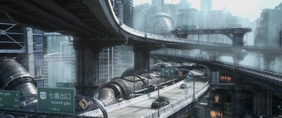 A screenshot of the Midgar Expressway (also known as the Midgar Highway) from the Final Fantasy VII series, specifically featuring the industrial, multi-tiered infrastructure of the city of Midgar.