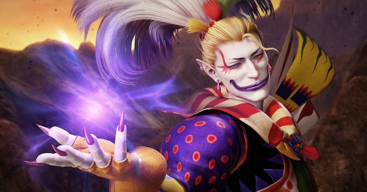 Character art for Kefka Palazzo from Final Fantasy VI. He has pale skin, sharp elven ears, and striking blonde hair tied in an elaborate ponytail decorated with large white and purple feathers. His face is covered in theatrical clown makeup
