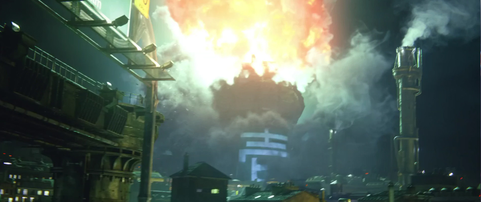 A screenshot from Final Fantasy VII Remake shows the Mako Reactor mid-explosion, mean and fiery oranges, whites and reds painting an otherwise serene night sky.