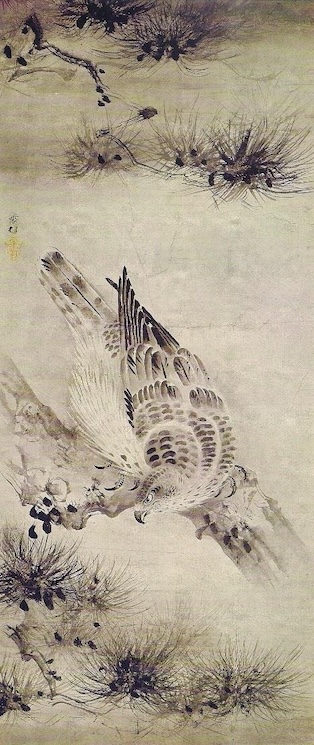 A Japanese ink drawing of a falcon under a pine treet staring down with intensity