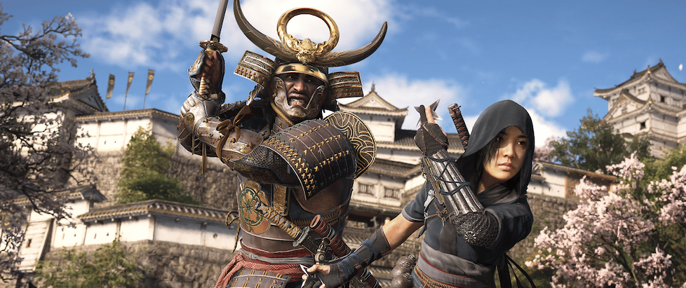 A promo image for Assassin's Creed: Shadows with the ninja and the samurai standing next to each other in front of a Japanese castle sword and shuriken drawn