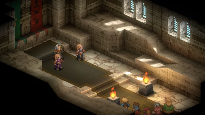 A screenshot from Final Fantasy Tactics in a marbled hallway Marquis Elmdore and two guards face off against the player's party