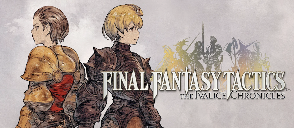 Key art for Final Fantasy Tactics with illustrations of Delita in gold armor and slick back hair and Ramza in dark armor with blond hair and silhouettes of various other job classes