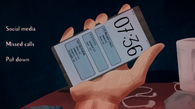 A screenshot from A Heavy Morning that looks like a hand drawn image of a hand holding a phone with a number of notifications and the time