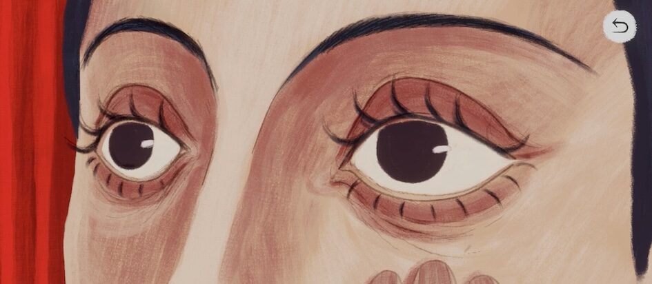 a screenshot from A Heavy Morning that is a close up of an illustrated face with dark lids and brown eyes and black hair that looks a little sleepy