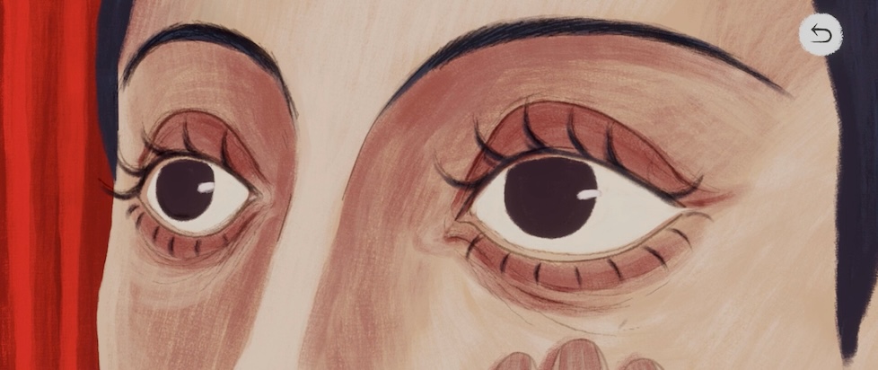 a screenshot from A Heavy Morning that is a close up of an illustrated face with dark lids and brown eyes and black hair that looks a little sleepy
