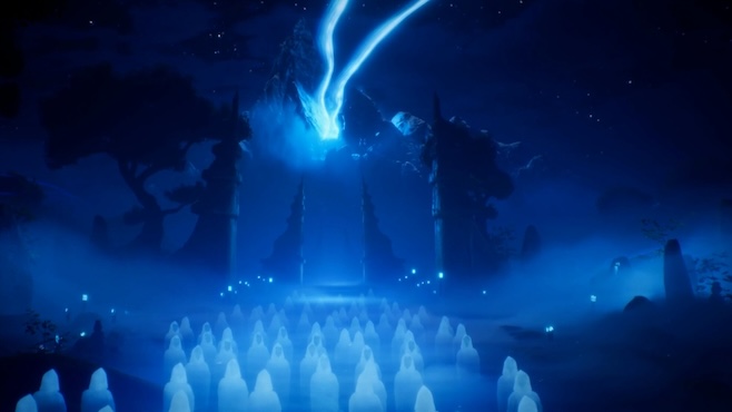 A screenshot form Kena Bridge of Souls showing a blue-lit world fully of spirits walking towards a gate