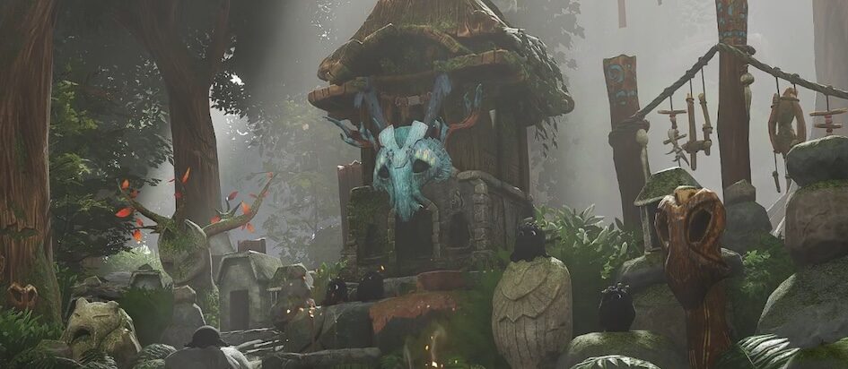 A screenshot from Kena Bridge of Souls with several grave stones and masks in a dark forest