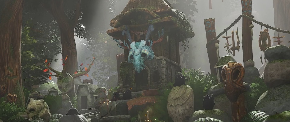 A screenshot from Kena Bridge of Souls with several grave stones and masks in a dark forest