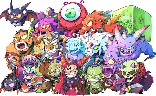 Key art for the mosters in Masmorra with colorful versions of bat in glasses, sabretooth ogre, cloating cyclops, demons 1 2 and 3, and acid jello
