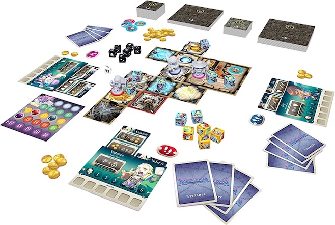 A promo image for everything in Masmora laid out, dungeon tiles, miniatures, dice, tokens, hero trackers, cards, etc
