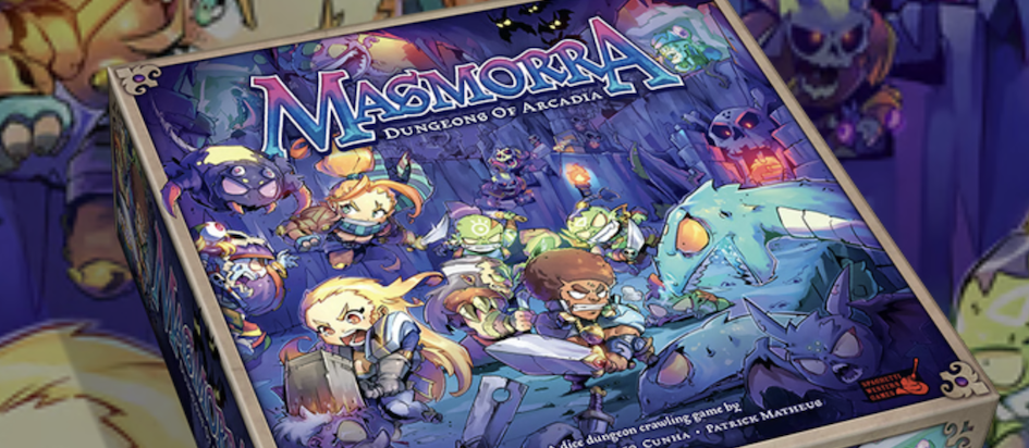 The box art for Masmorra with many cute warriors fighting adorable monsters in a dark blue dungeon