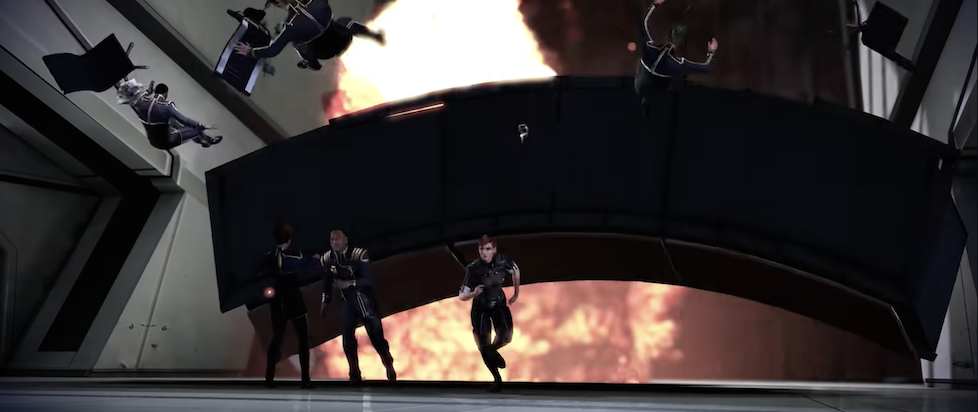 Commander Jane Shepard and Admiral Anderson run from an explosion that tosses many alliance colleagues and Shep's probably saying "I told you so"