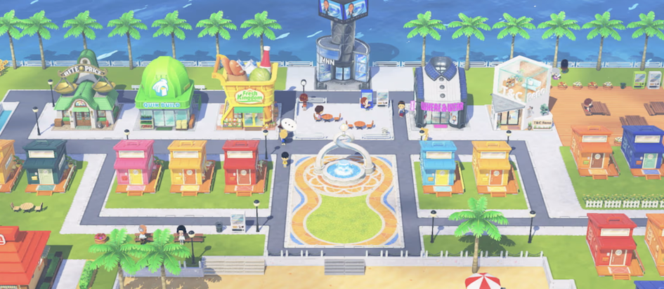 A screenshot from Tomodachi Life showing an entire town including a grocery story that looks like a full basket and a clothing store shaped like a polo shirt
