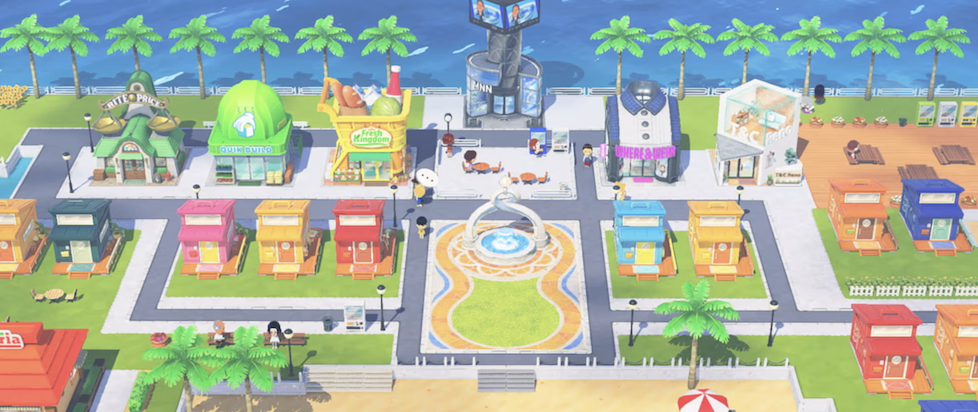 A screenshot from Tomodachi Life showing an entire town including a grocery story that looks like a full basket and a clothing store shaped like a polo shirt