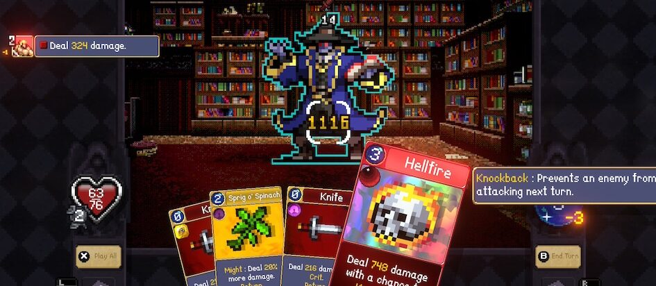 A screenshot from Vampire Crawlers where the player is considering a Hellfire card that could deal 748 damage or one of a few other cards against an enemy in a blue robe and black hat all in a blocky pixelated style