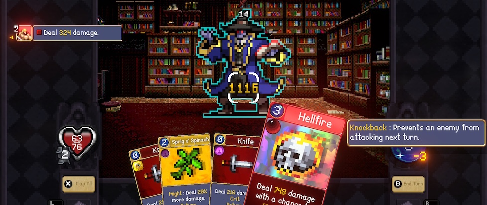 A screenshot from Vampire Crawlers where the player is considering a Hellfire card that could deal 748 damage or one of a few other cards against an enemy in a blue robe and black hat all in a blocky pixelated style
