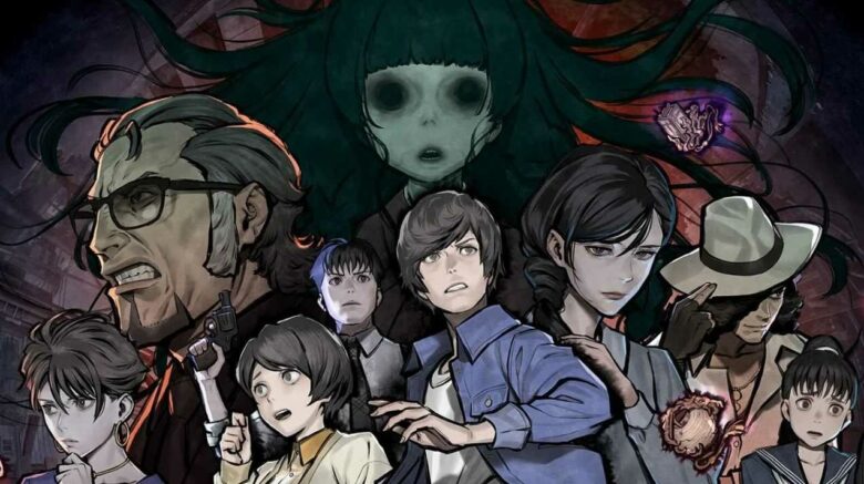 A group of characters from the videogame Paranormasight: The Seven Mysteries of Honjo are arranged in a dramatic, cinematic composition against a dark, shadowy background.