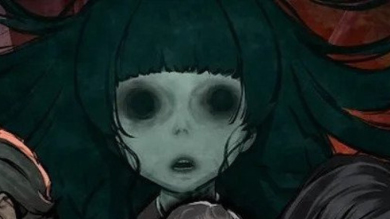 An illustration of a ghostly young girl with pale, grey-toned skin and long, dark teal hair that fans out behind her.