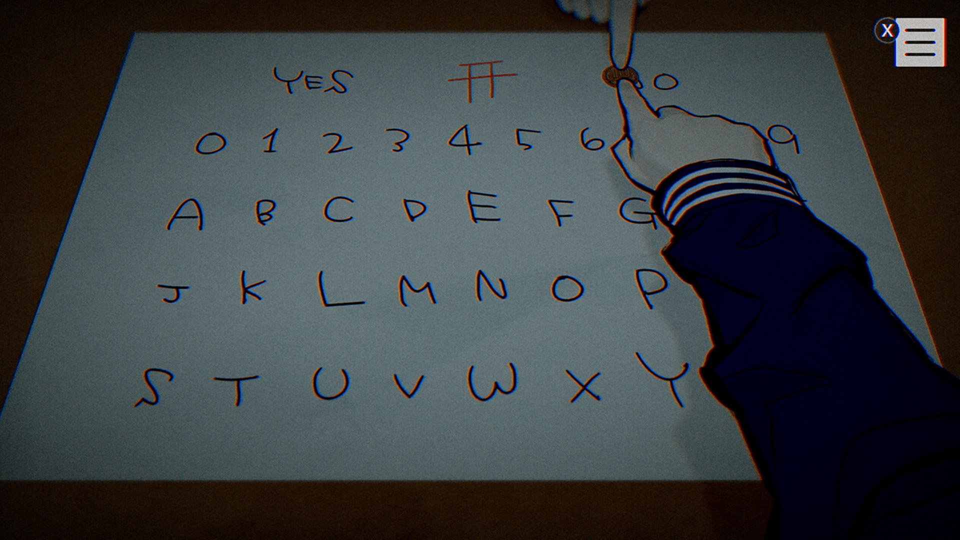 A scene from Paranormasight: The Seven Mysteries of Honjo. It depicts a session of Kokkuri-san, a Japanese divination game similar to the Ouija board.