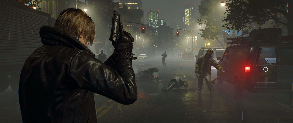Leon S. Kennedy, pistol drawn, approaches a group of zombies in a fog-filled city street.