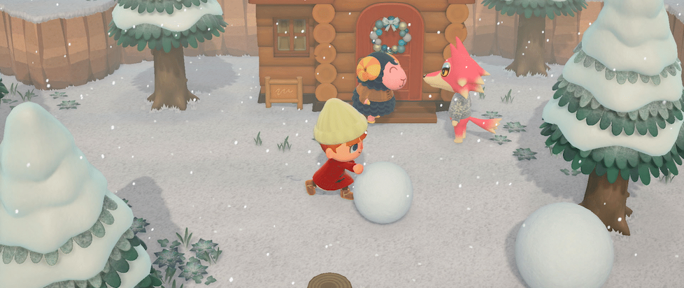 A screenshot from Animal Crossing New Leaf on a snowy day the character is rolling a snowball while a pink wolf and blue sheet have a conversation in front of a log cabin